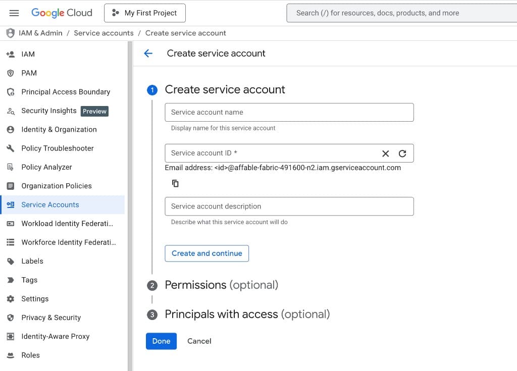 Google Cloud Console — Create service account form