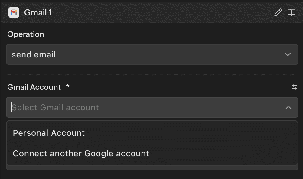 Gmail block showing the account selector dropdown with a connected account and option to connect another