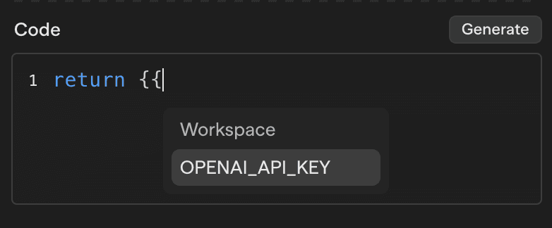 A resolved secret reference shown in blue text as {{OPENAI_API_KEY}}